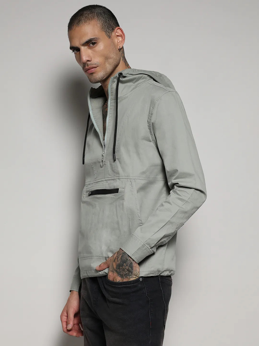 Campus Sutra Half-Zip Utility Jacket With Contrast Drawstring