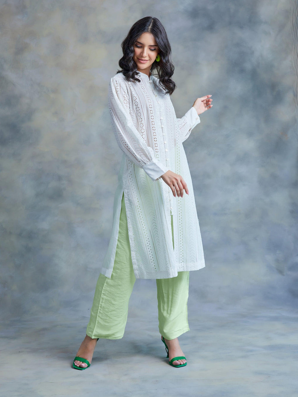 ShopKapaas Pearl White Cut Work Schiffli Kurta