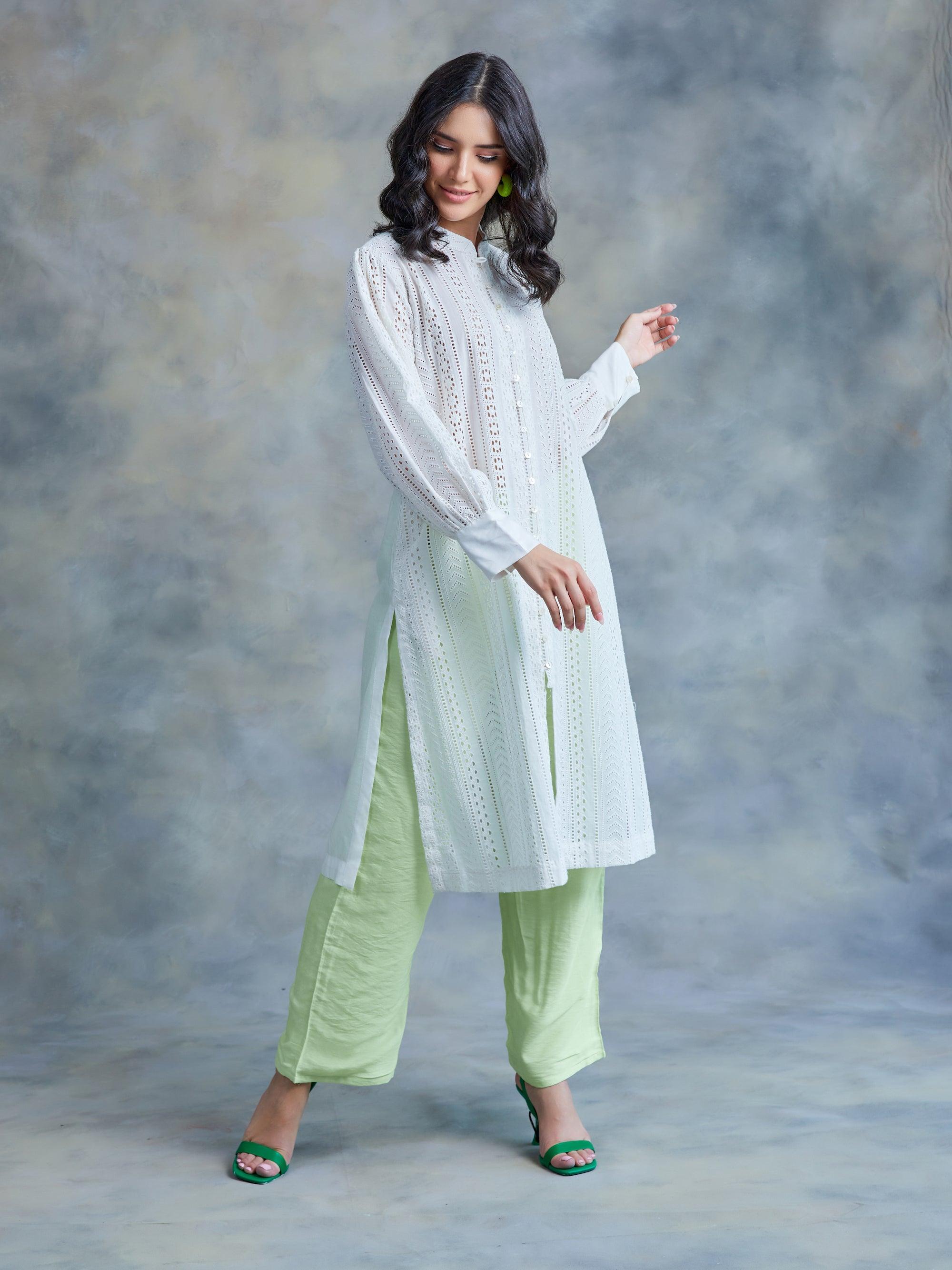ShopKapaas Pearl White Cut Work Schiffli Kurta