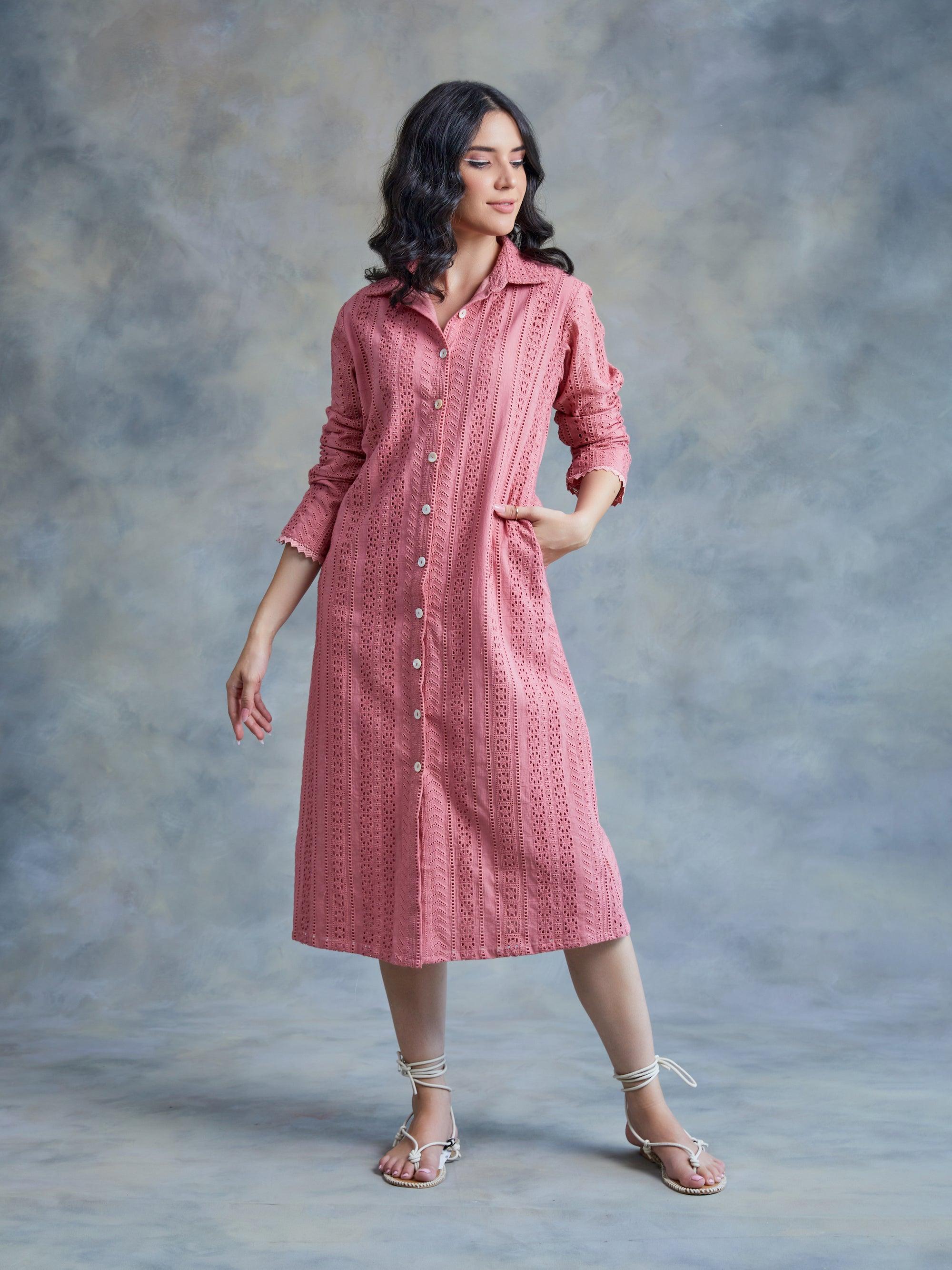ShopKapaas Salmon Cut Work Midi Shirt Dress