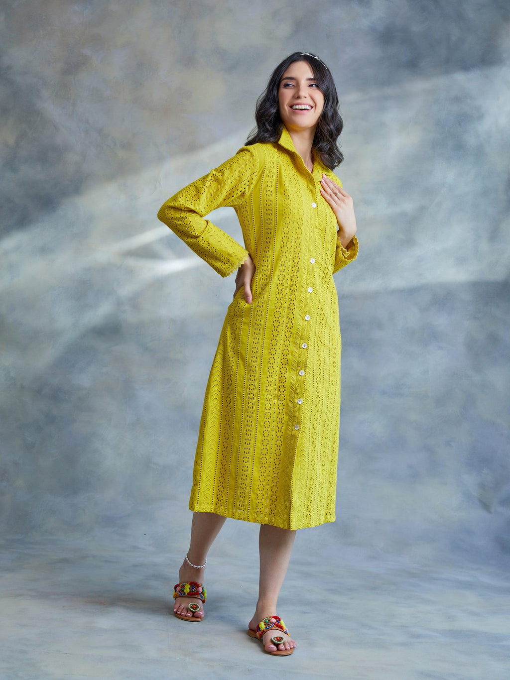 ShopKapaas Lime Yellow Cut Work Midi Shirt Dress