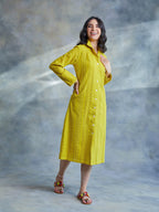 ShopKapaas Lime Yellow Cut Work Midi Shirt Dress