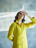 ShopKapaas Lime Yellow Cut Work Midi Shirt Dress