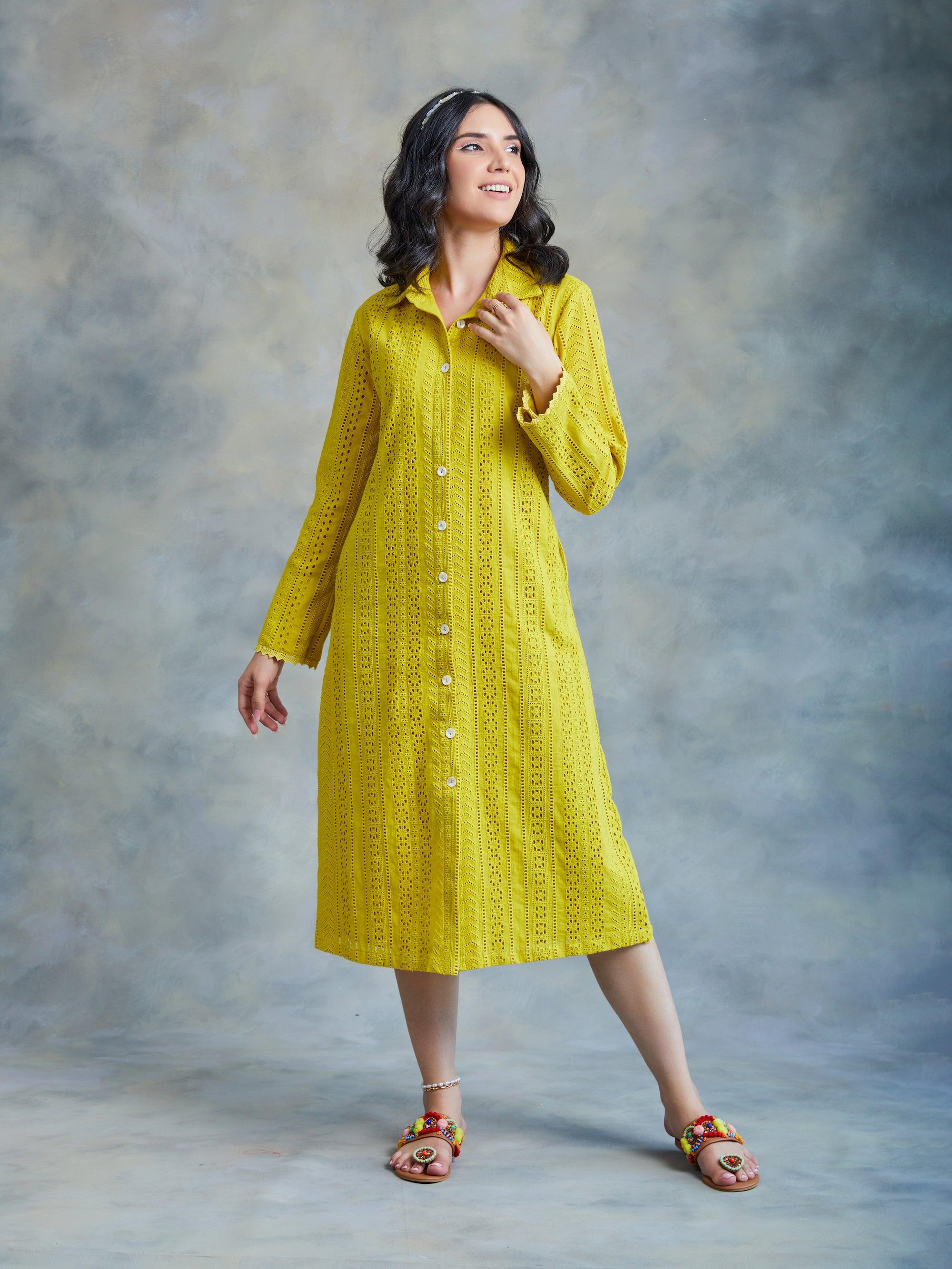 ShopKapaas Lime Yellow Cut Work Midi Shirt Dress