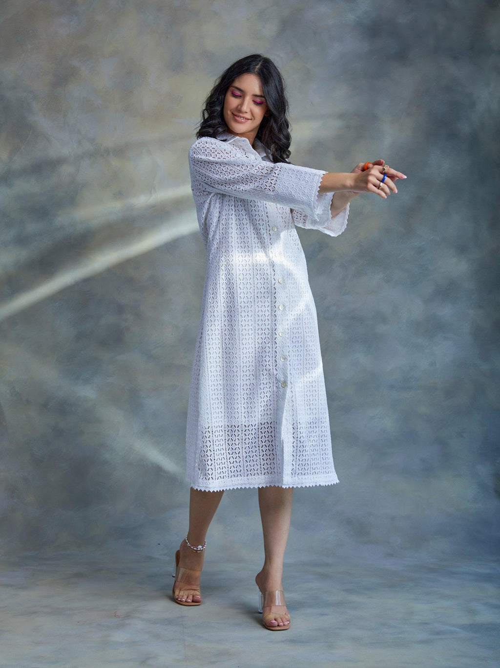 ShopKapaas White Cut Work Midi Shirt Dress