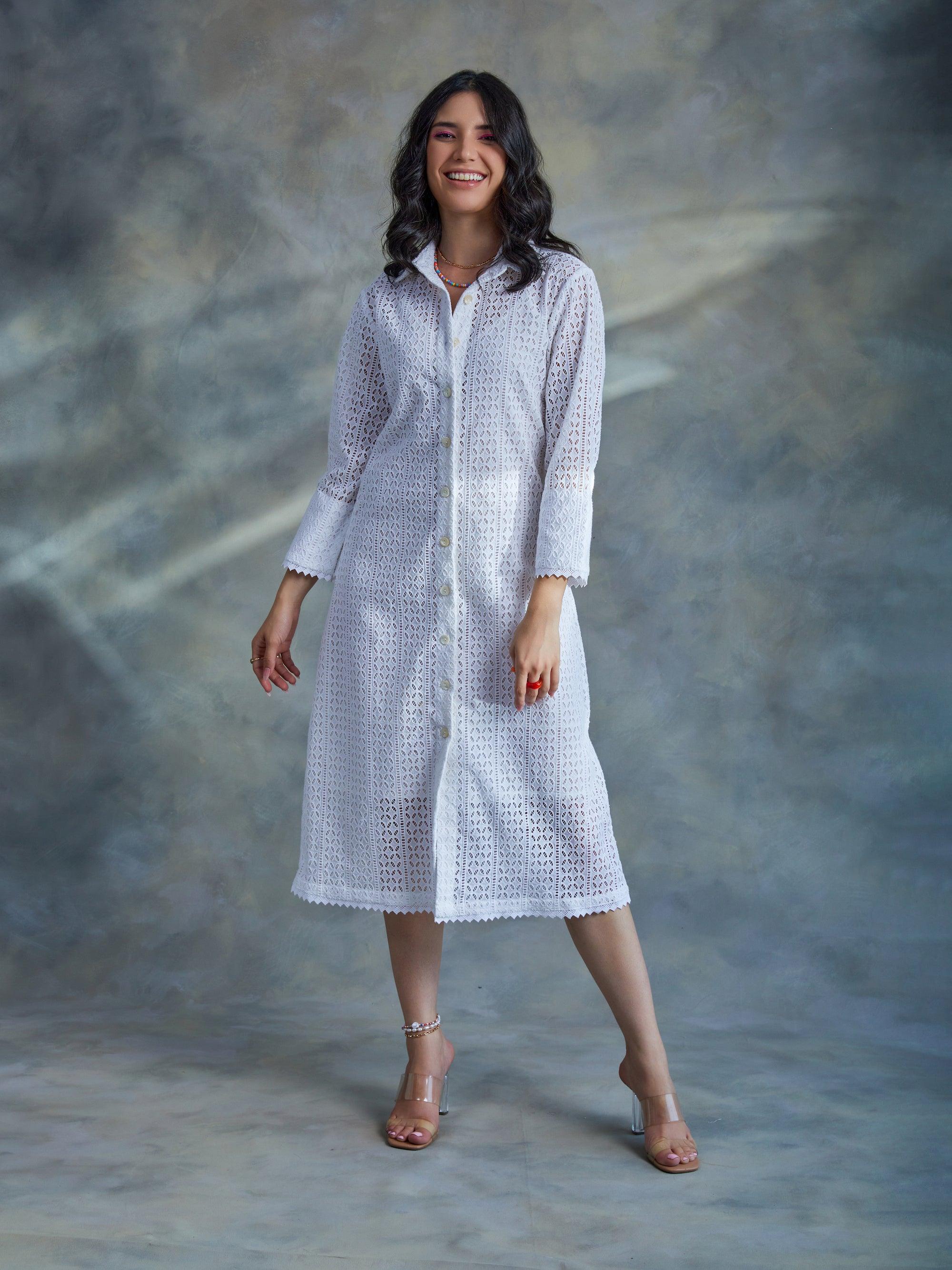 ShopKapaas White Cut Work Midi Shirt Dress