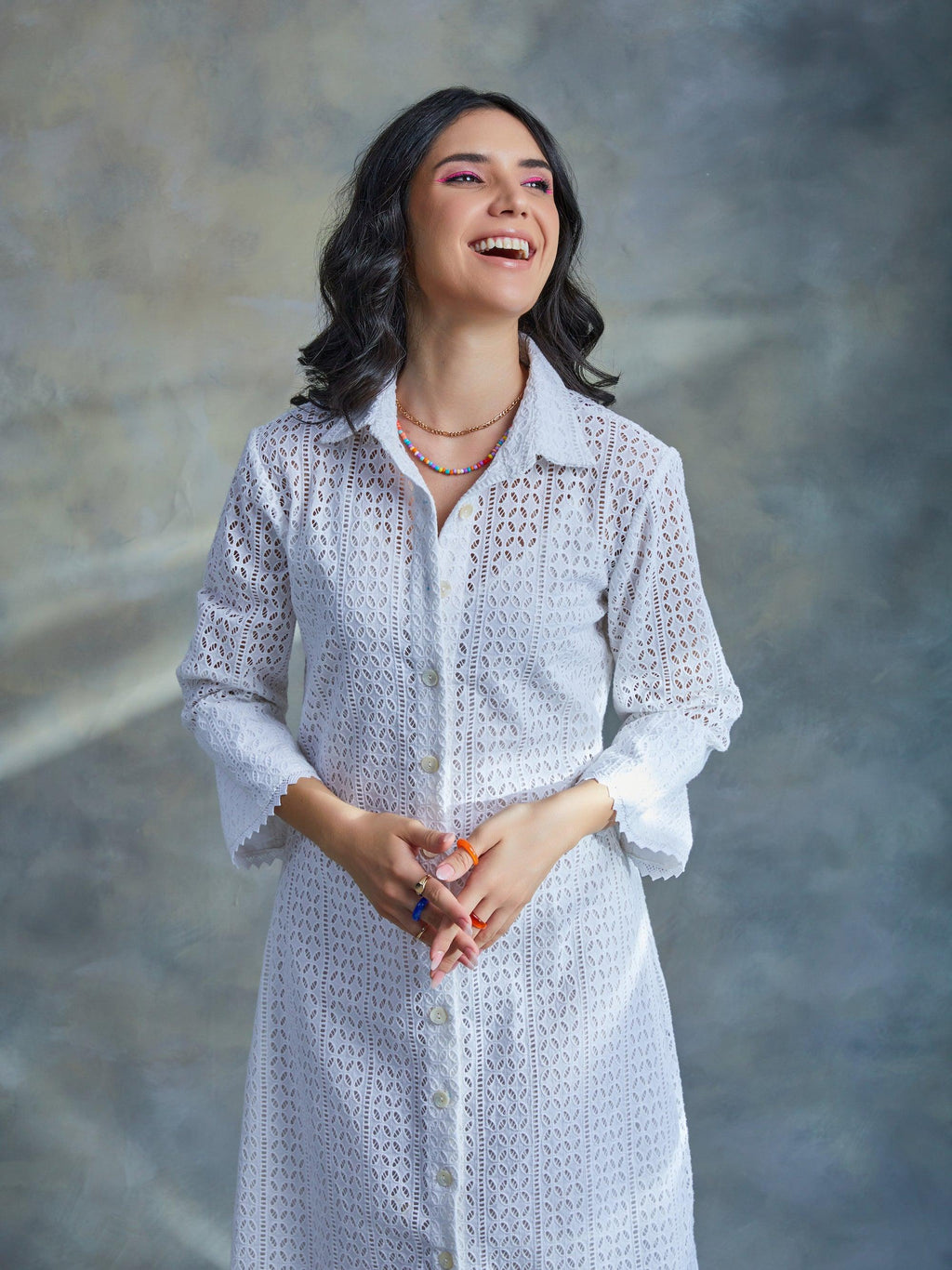 ShopKapaas White Cut Work Midi Shirt Dress