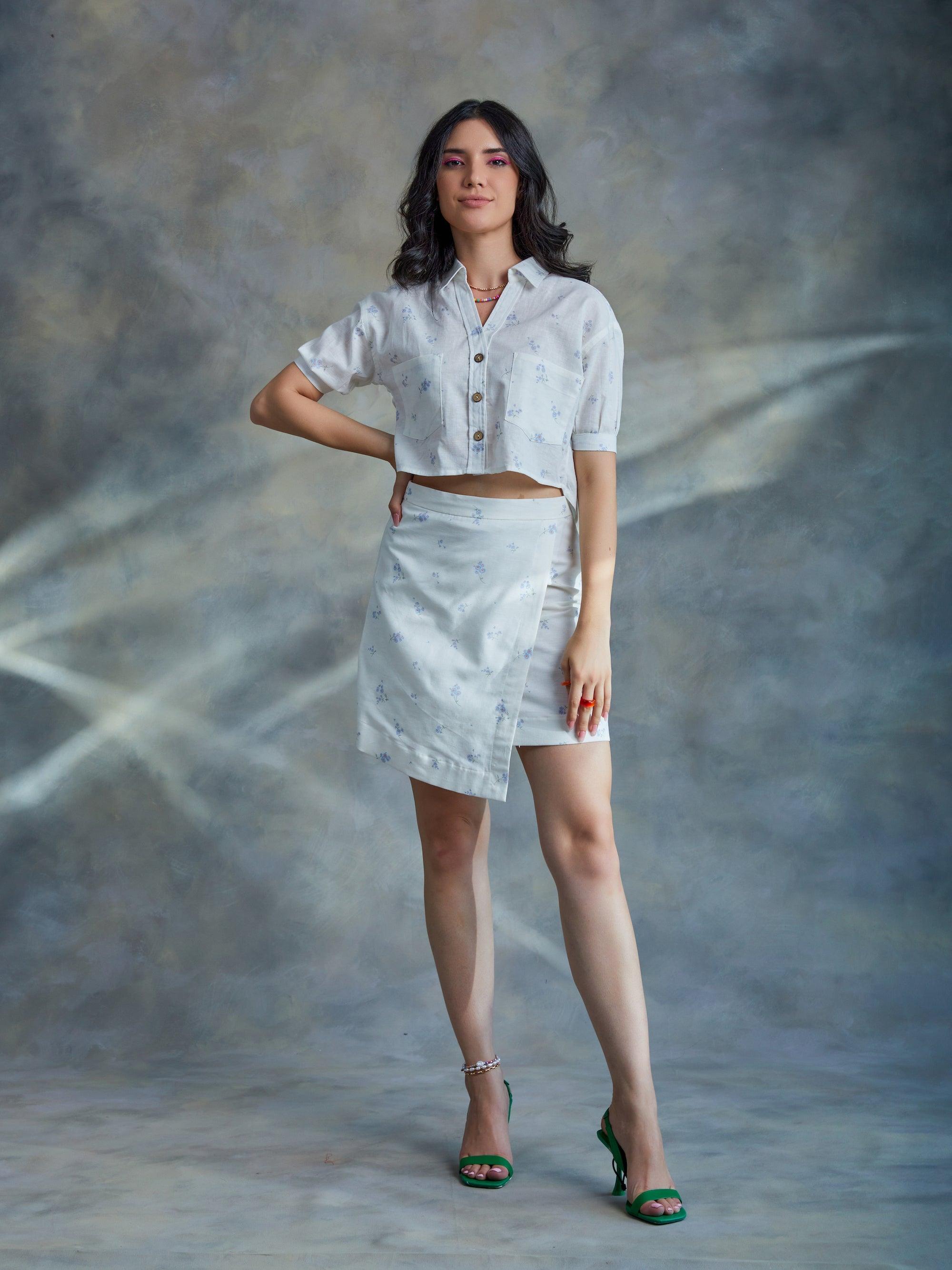 ShopKapaas Ditsy Blue Printed Linen Skirt