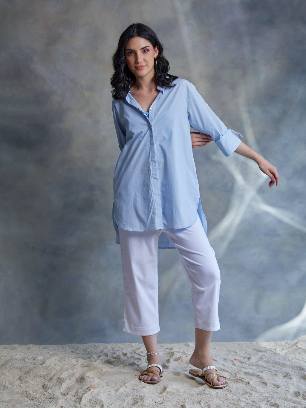 ShopKapaas Pastel Blue Poplin Shirt With Shell Beading