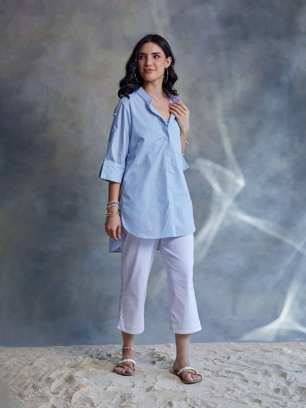 ShopKapaas Pastel Blue Poplin Shirt With Shell Beading