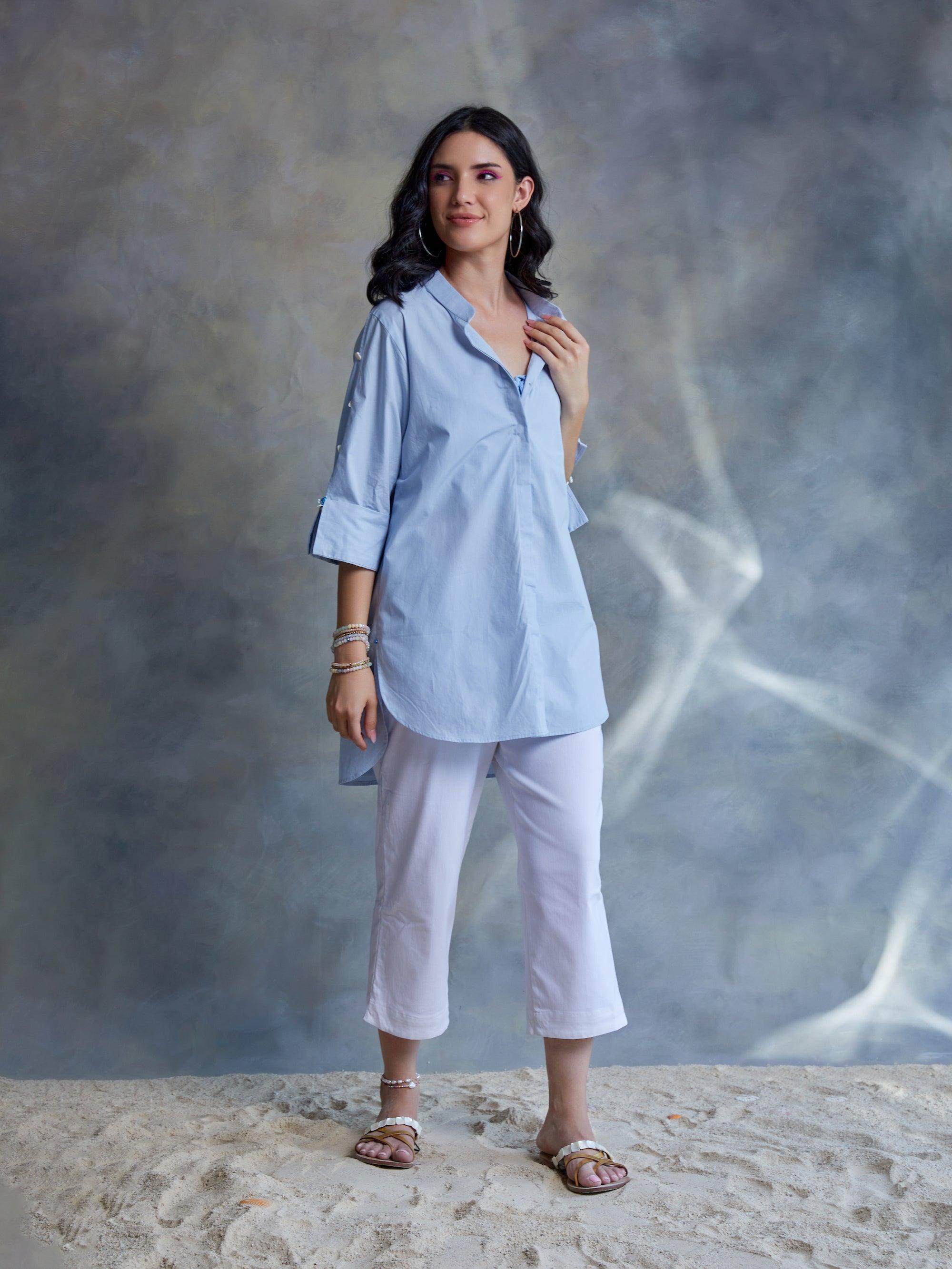 ShopKapaas Pastel Blue Poplin Shirt With Shell Beading