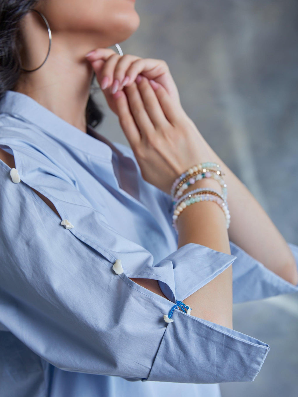 ShopKapaas Pastel Blue Poplin Shirt With Shell Beading