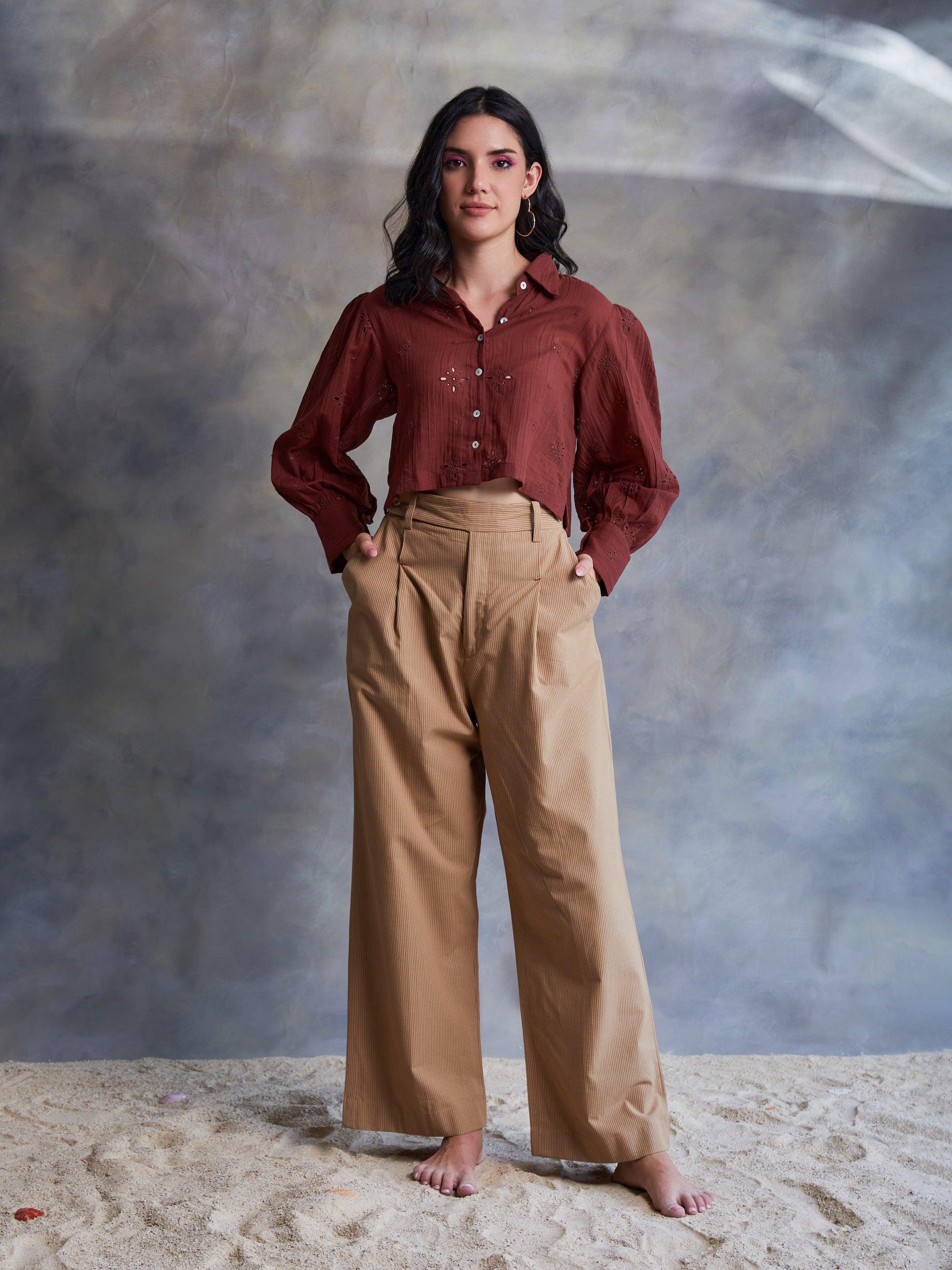 ShopKapaas Brown Cut Work Crop Shirt