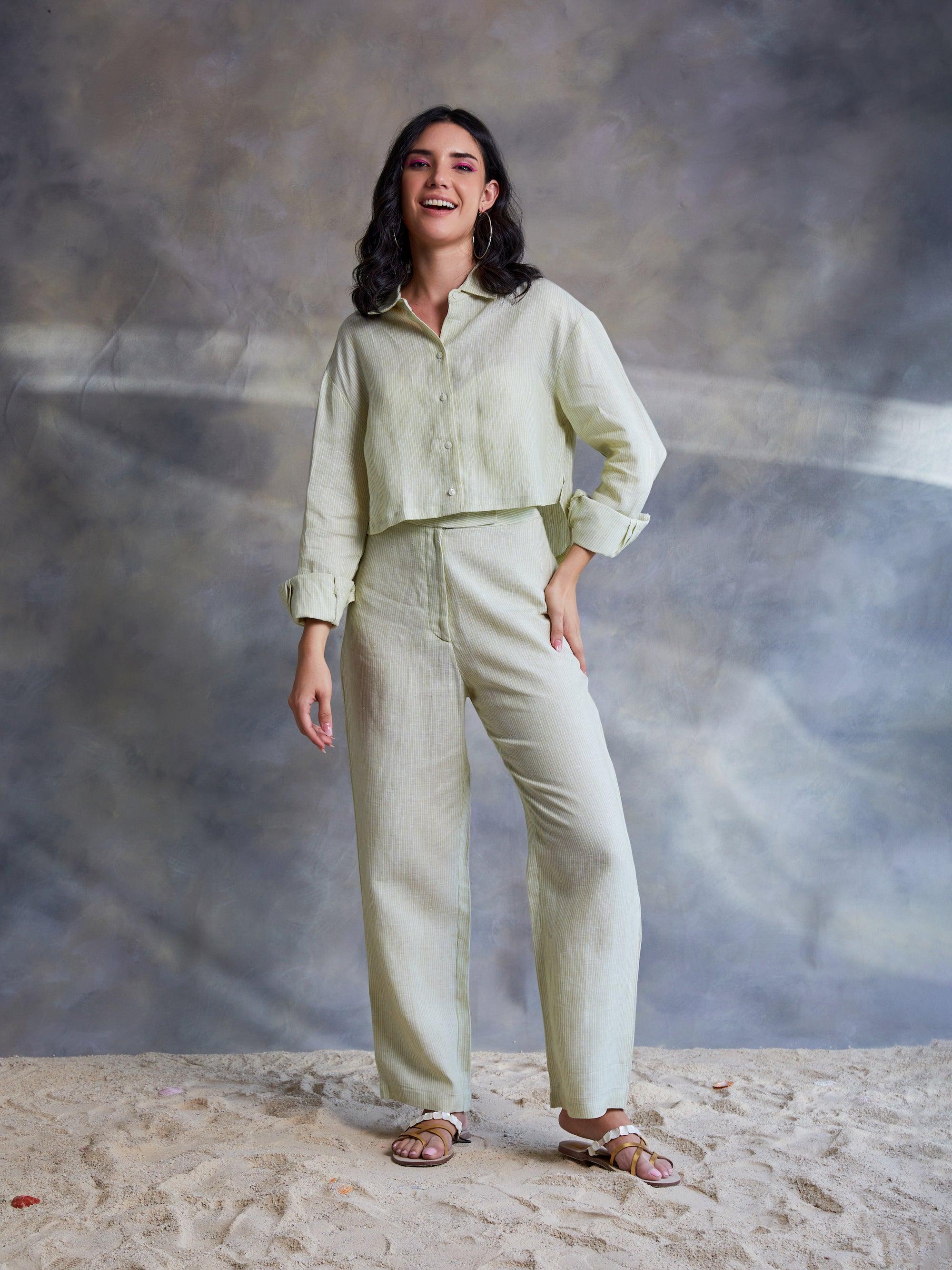 ShopKapaas Lime Green Pinstripe Linen Crop Shirt