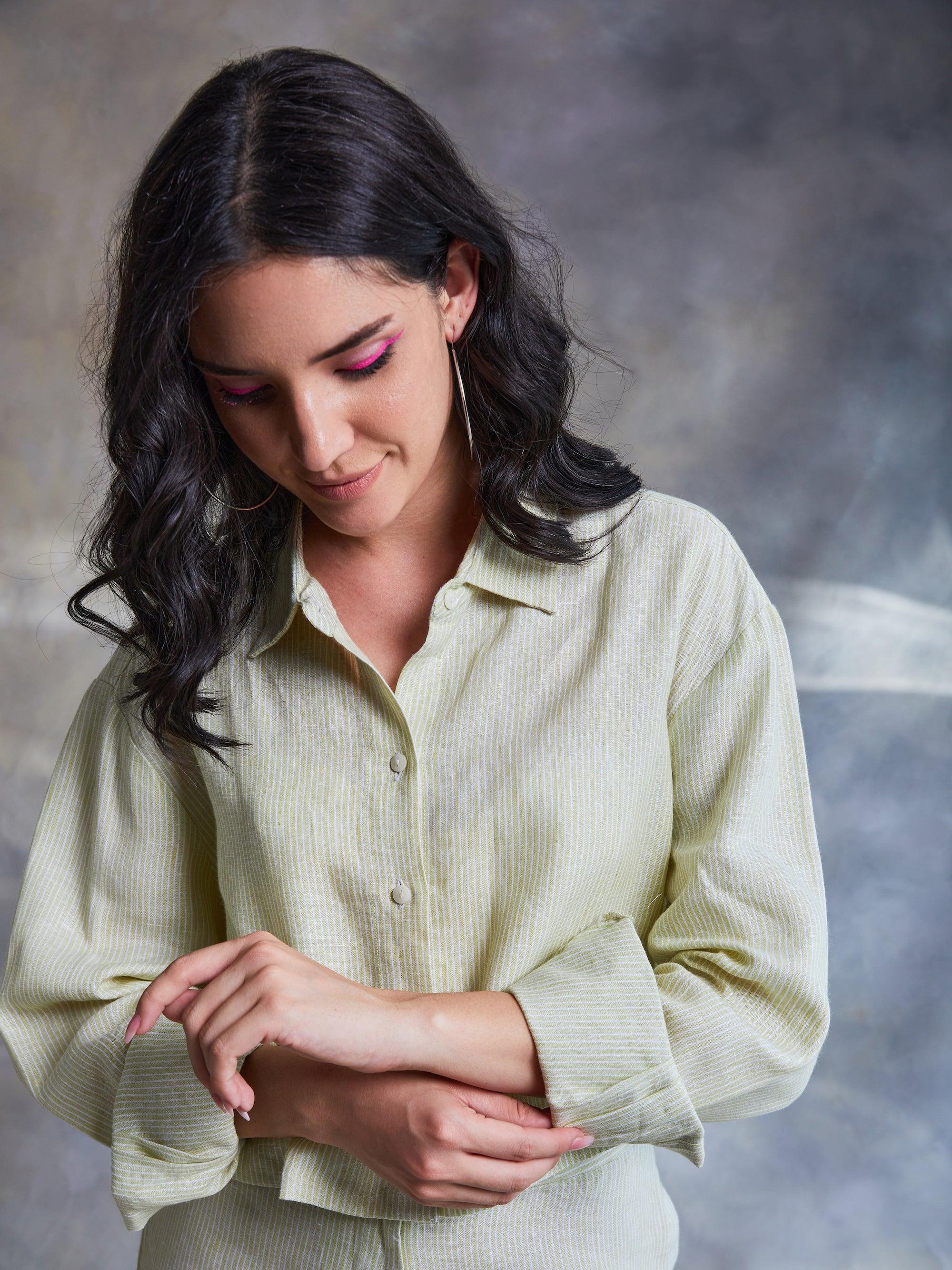 ShopKapaas Lime Green Pinstripe Linen Crop Shirt