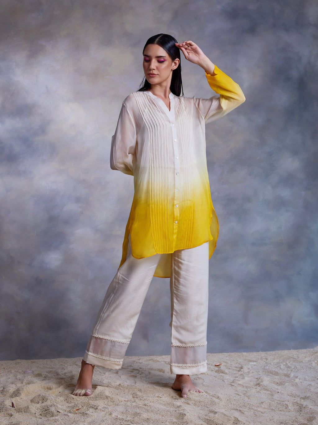 ShopKapaas Yellow Ombre Pintuck Kurta