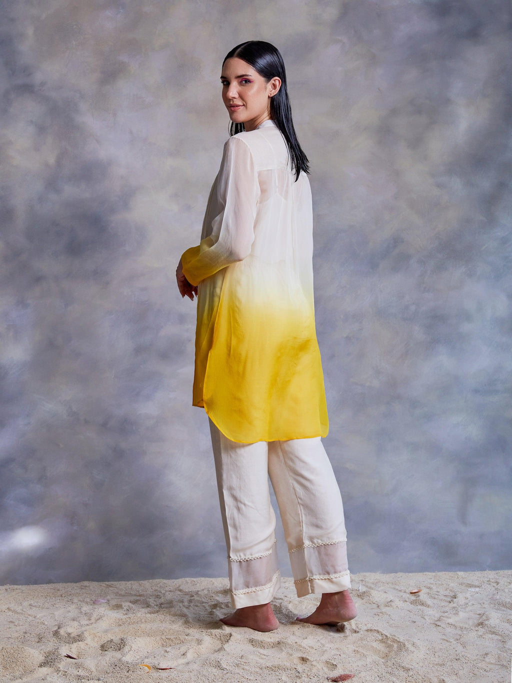 ShopKapaas Yellow Ombre Pintuck Kurta