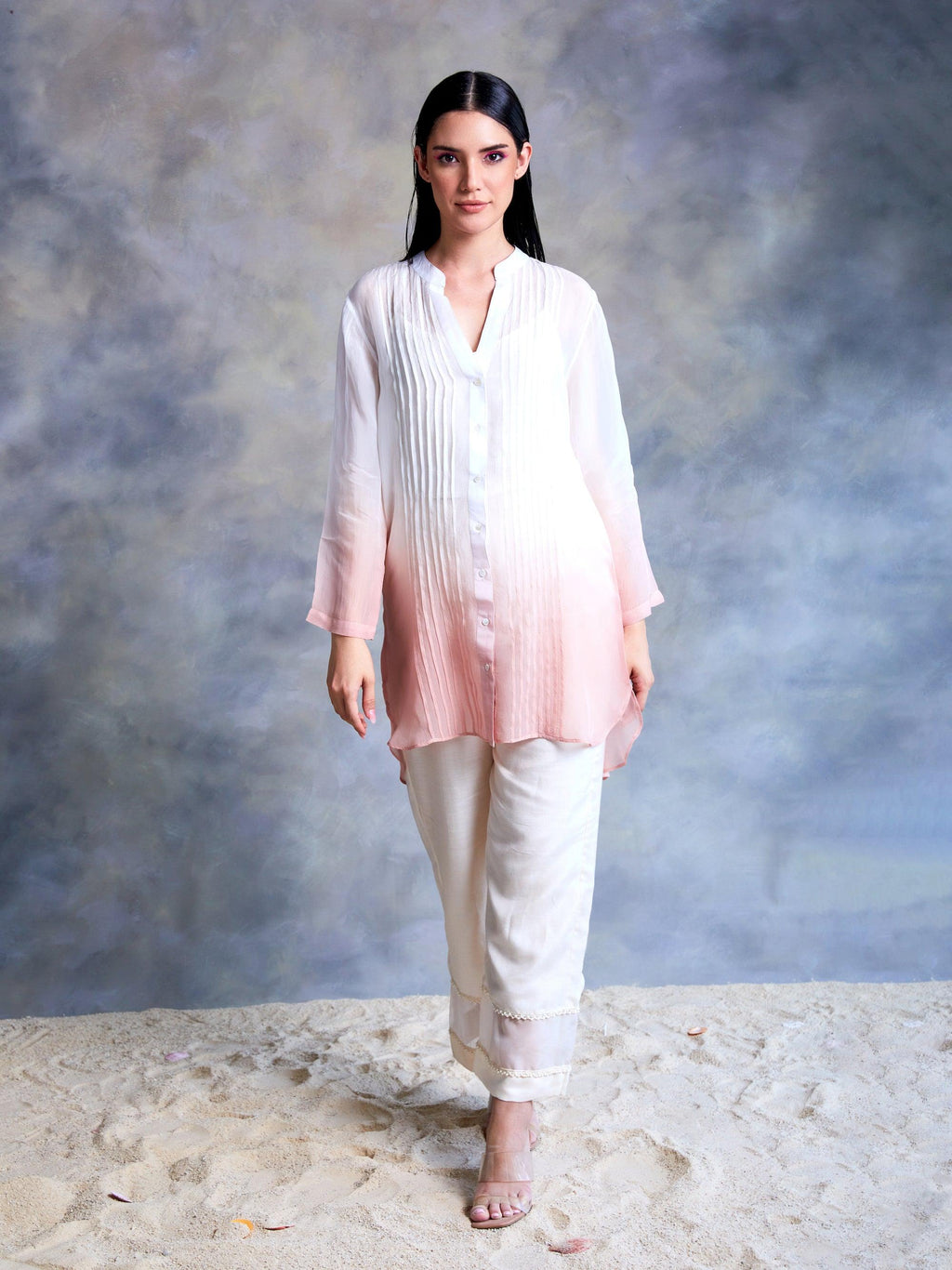 ShopKapaas Light Pink Ombre Pintuck Kurta with Cotton Slip