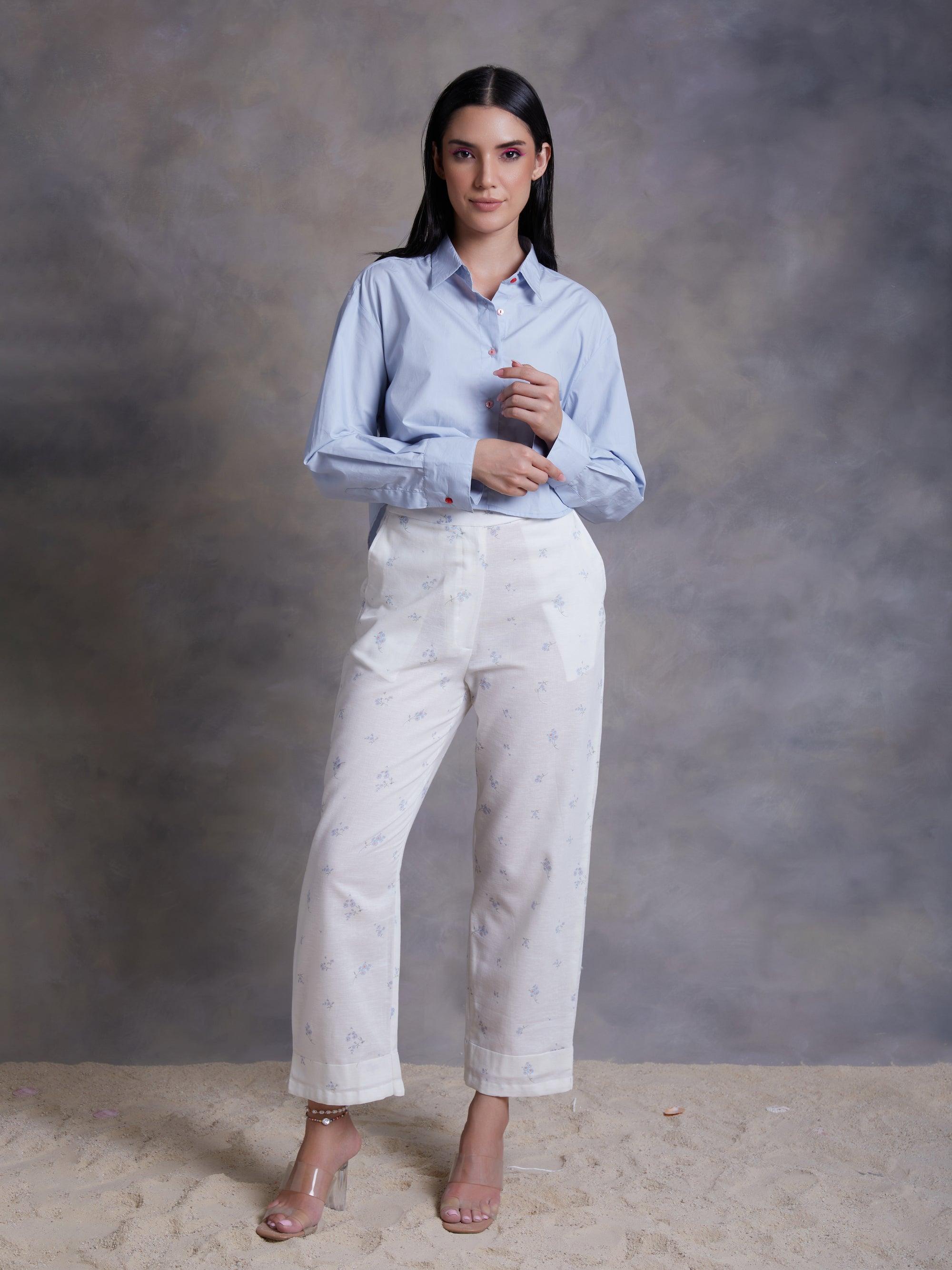 ShopKapaas Ditsy Blue Printed Linen Pants
