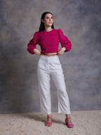 ShopKapaas Fuchsia Cut Work Schiffli Crop top