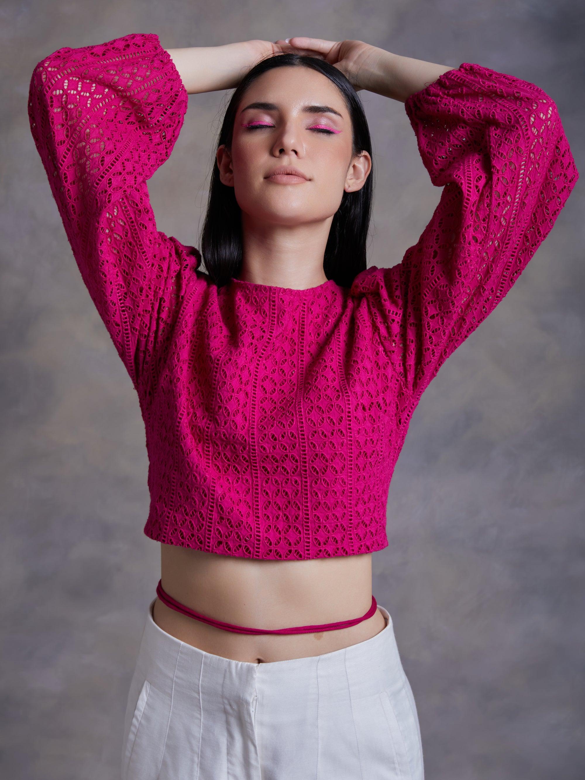ShopKapaas Fuchsia Cut Work Schiffli Crop top