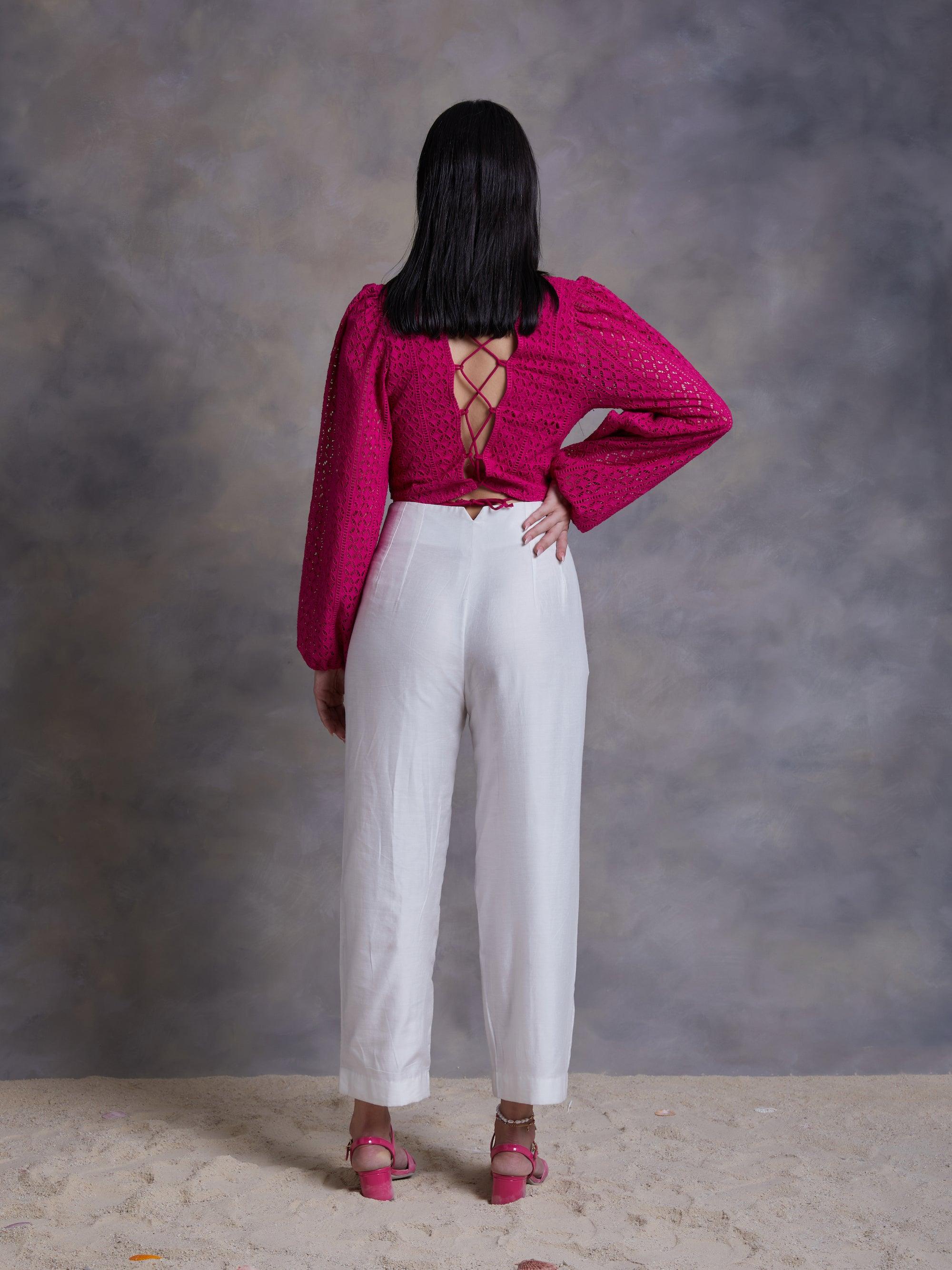 ShopKapaas Fuchsia Cut Work Schiffli Crop top
