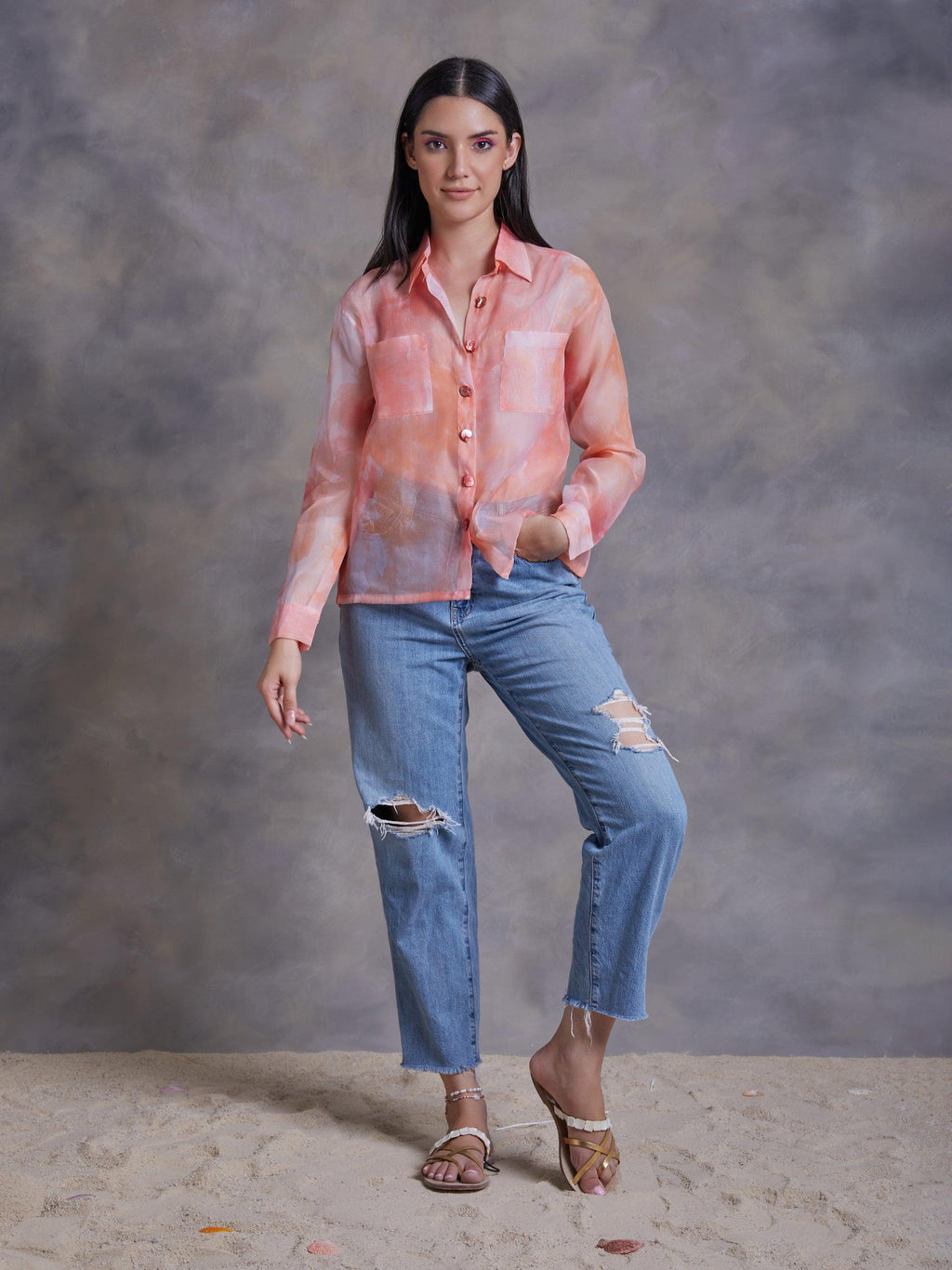 ShopKapaas Peach Abstract Texture Print Organza Shirt - With Bralett
