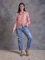 ShopKapaas Peach Abstract Texture Print Organza Shirt - With Bralett