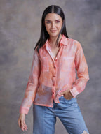 ShopKapaas Peach Abstract Texture Print Organza Shirt - With Bralett