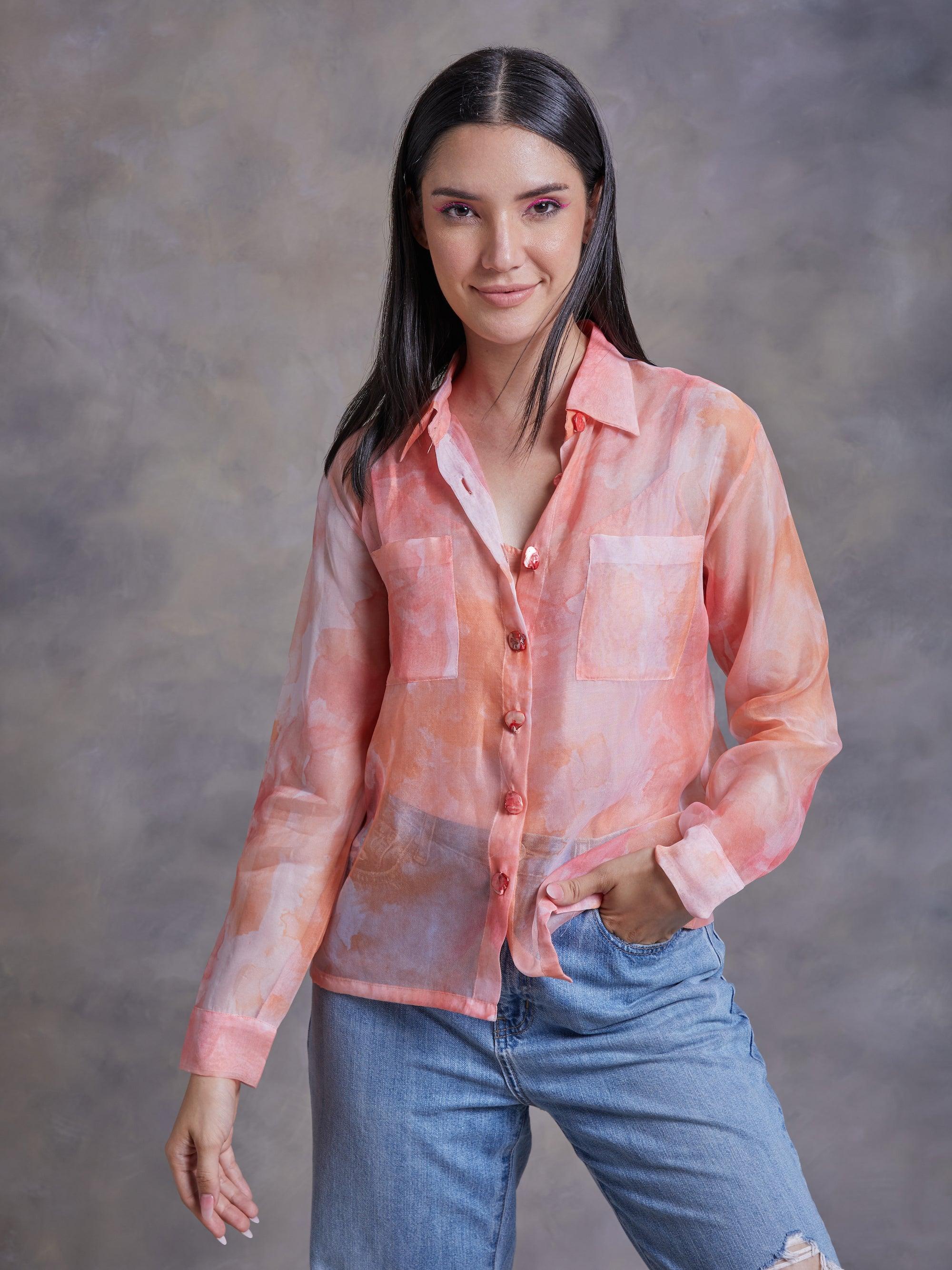 ShopKapaas Peach Abstract Texture Print Organza Shirt - With Bralett