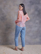 ShopKapaas Peach Abstract Texture Print Organza Shirt - With Bralett