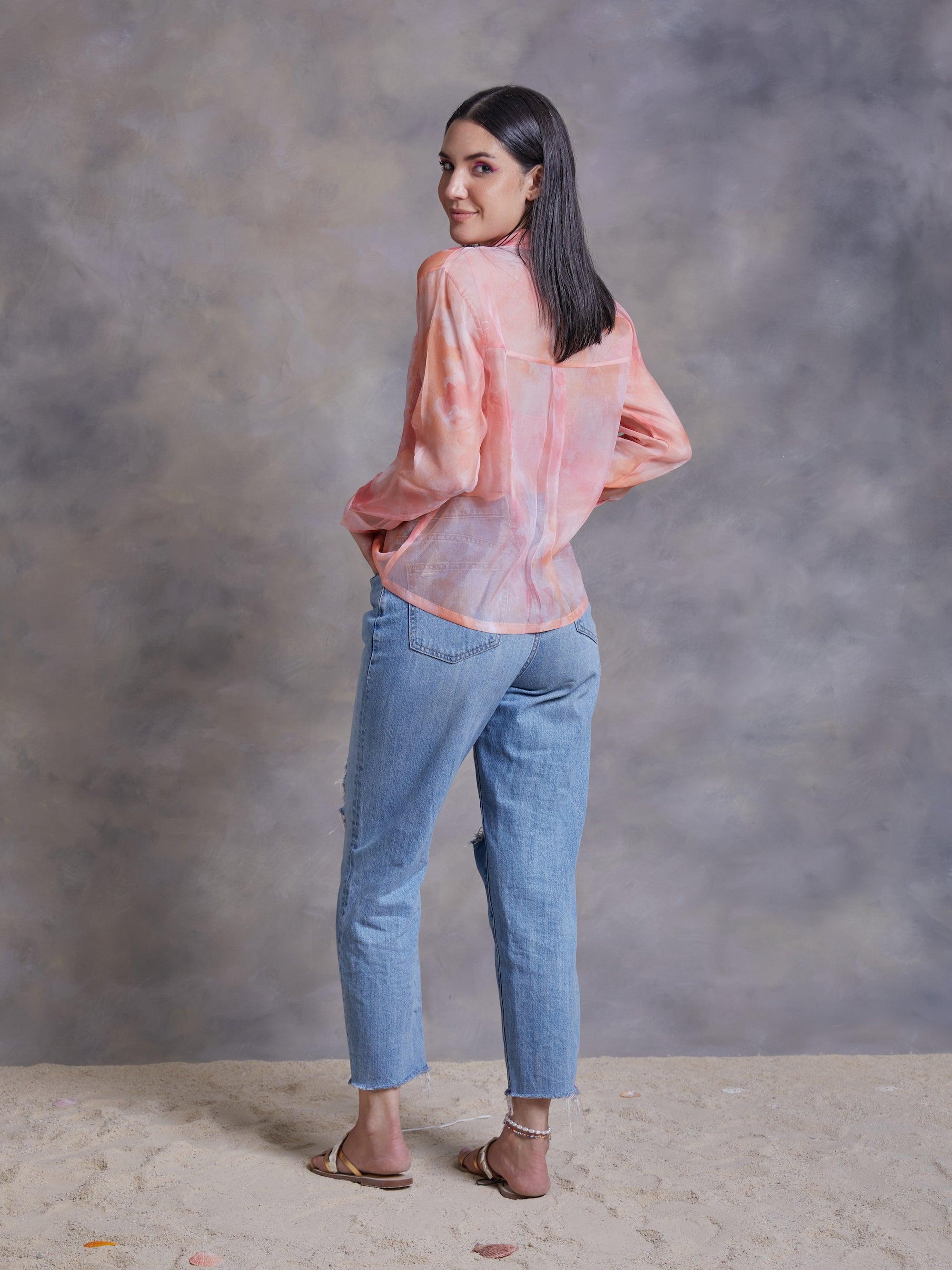 ShopKapaas Peach Abstract Texture Print Organza Shirt - With Bralett