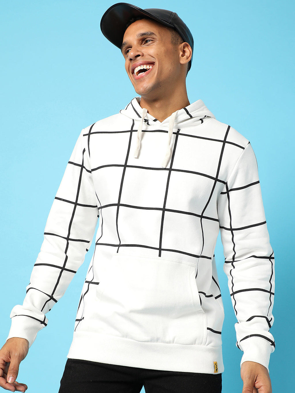 Campus Sutra Contrast Graph Check Hoodie With Kangaroo Pocket