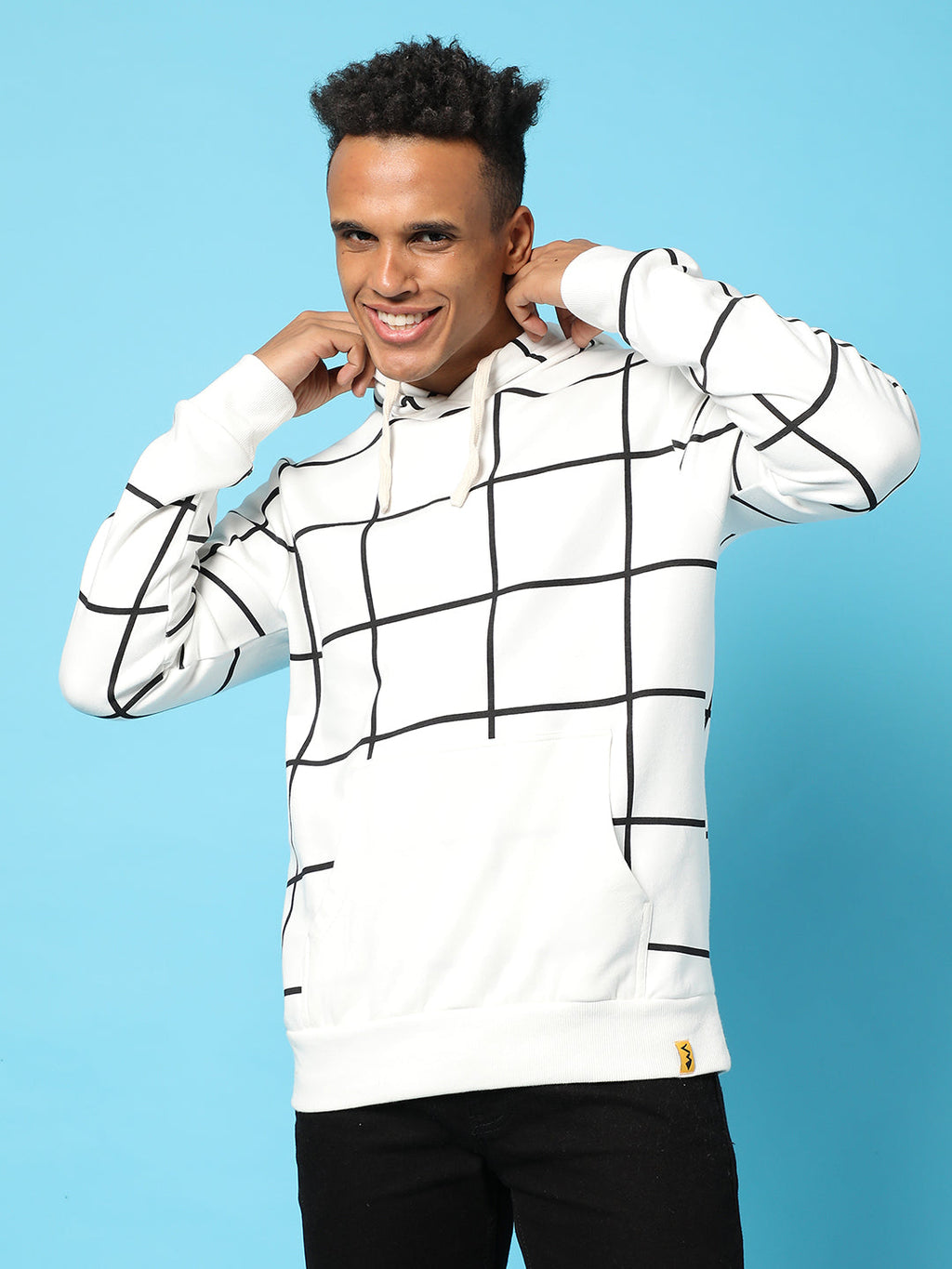 Campus Sutra Contrast Graph Check Hoodie With Kangaroo Pocket