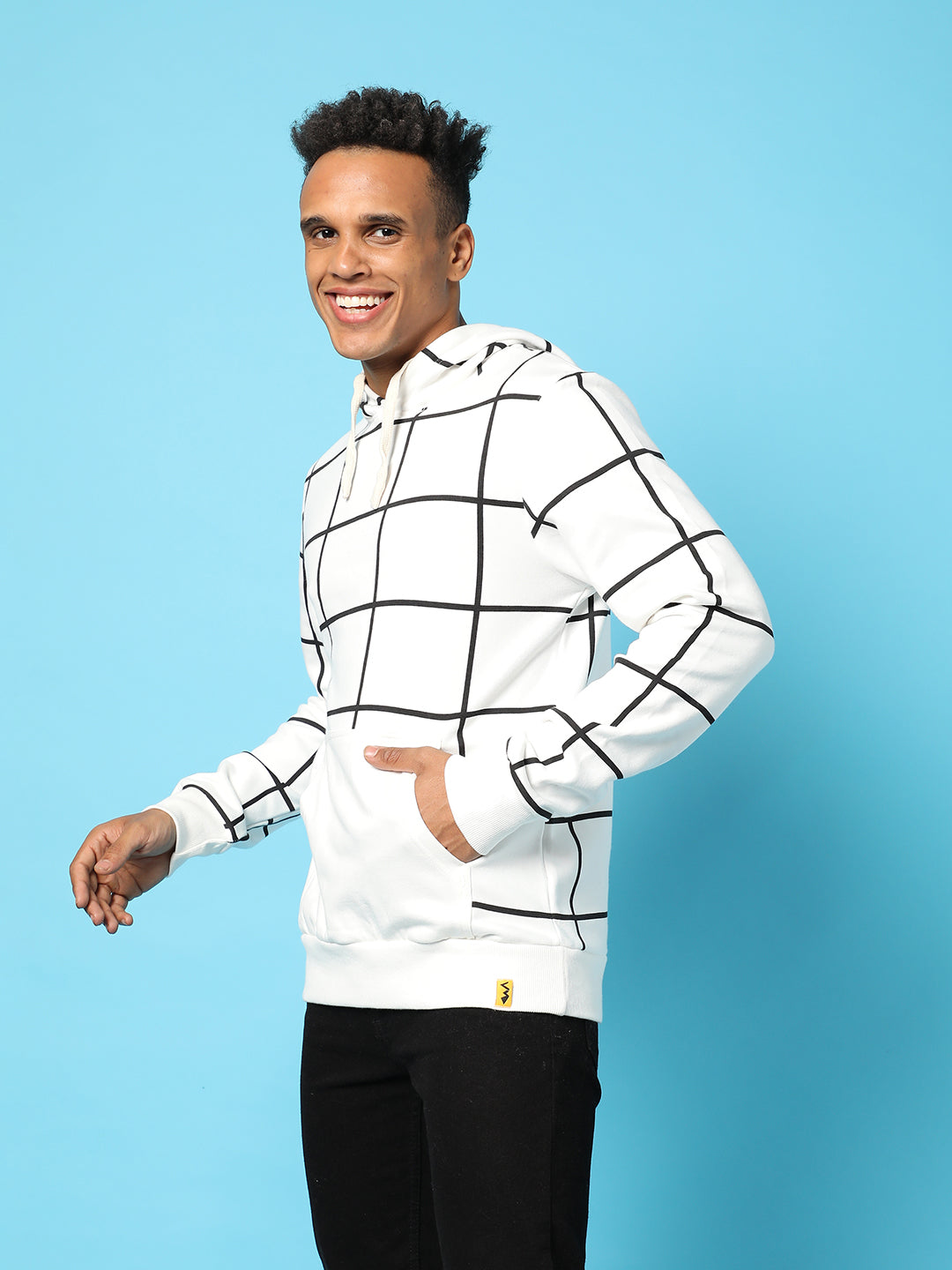 Campus Sutra Contrast Graph Check Hoodie With Kangaroo Pocket