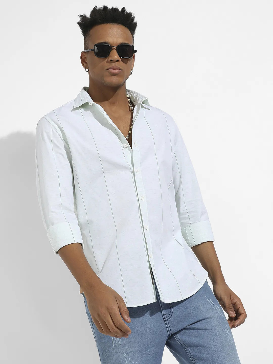 Campus Sutra Heathered Pinstriped Shirt