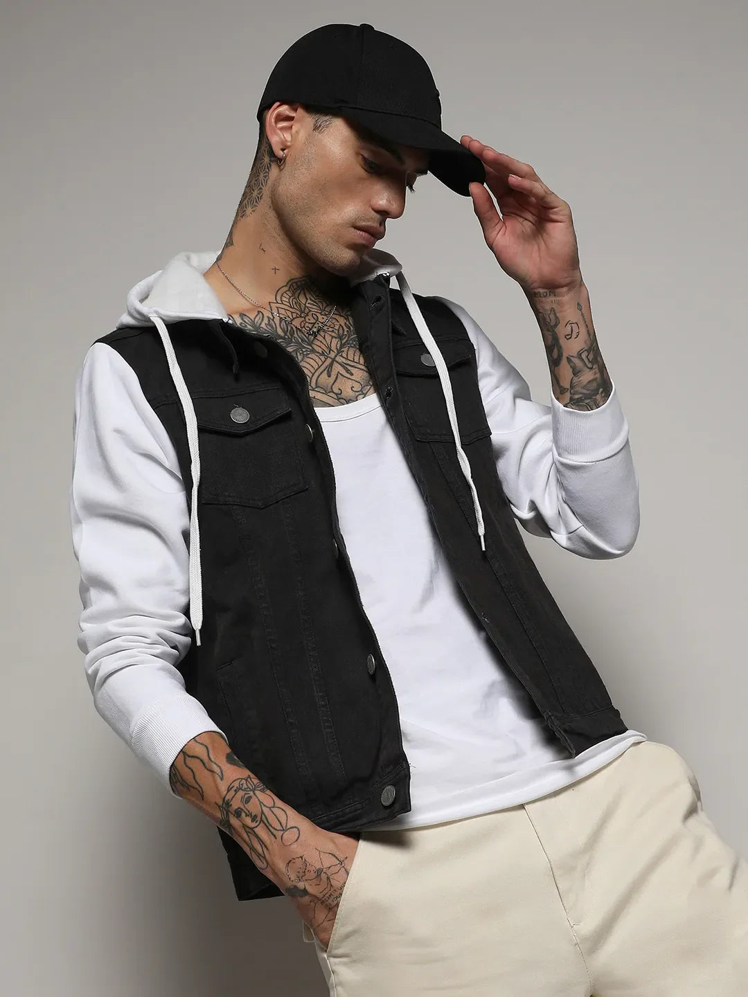 Campus Sutra Medium-Wash Denim Jacket With Sweatshirt Sleeve