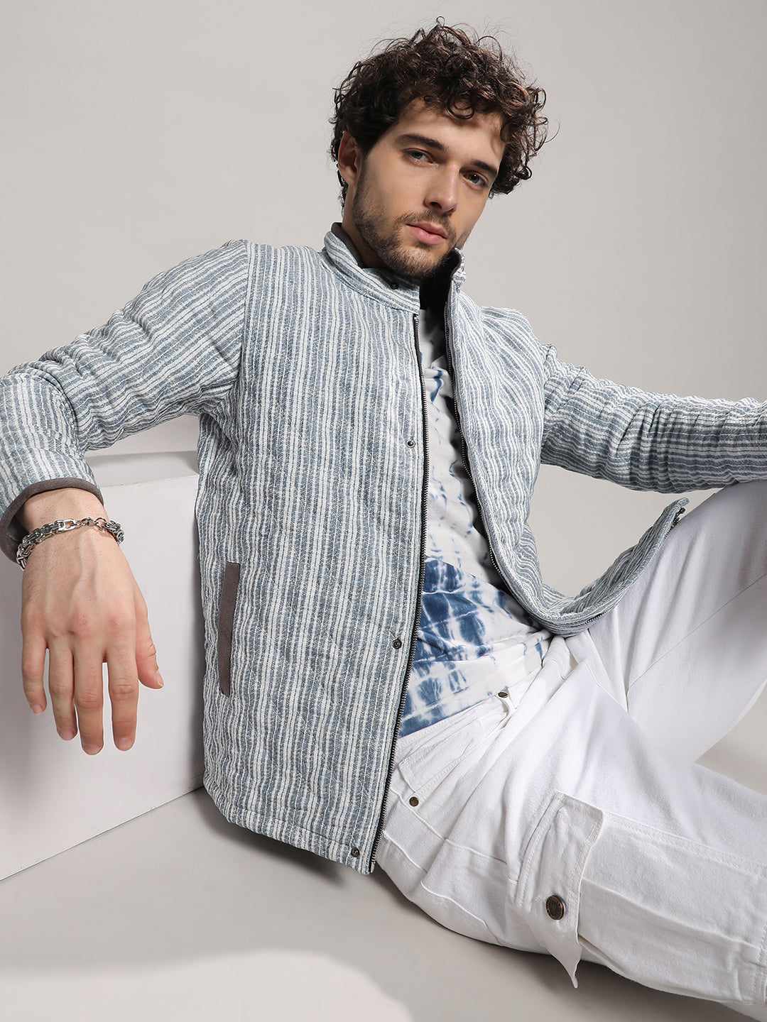Campus Sutra Striped Quilted Bomber Jacket