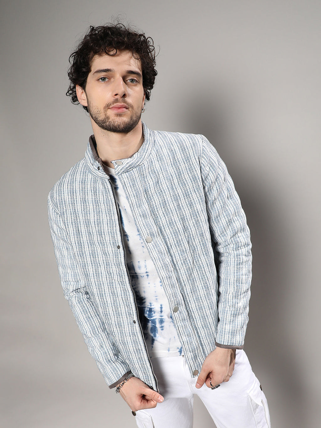 Campus Sutra Striped Quilted Bomber Jacket