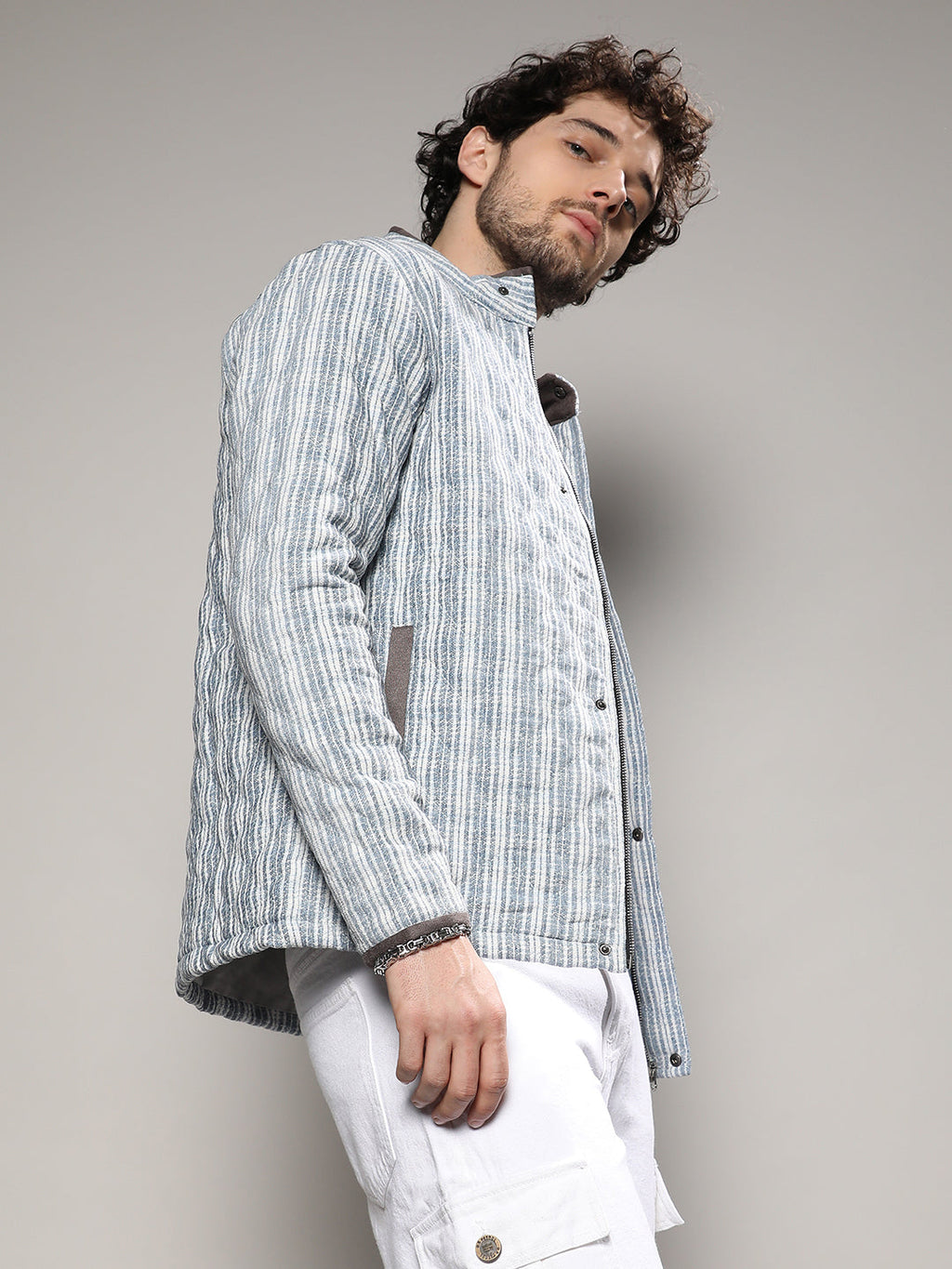 Campus Sutra Striped Quilted Bomber Jacket