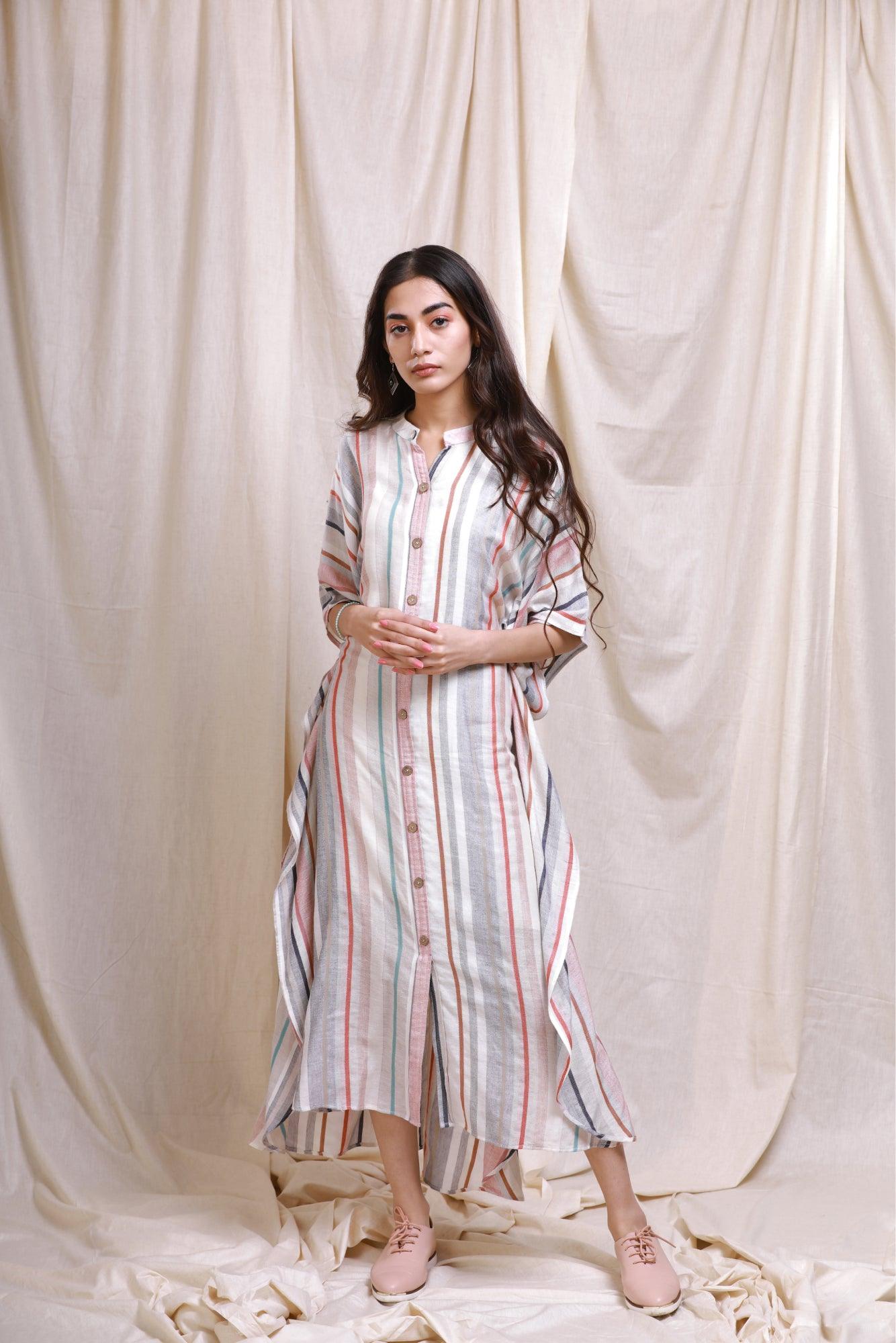 ShopKapaas Ecru Striped Buttoned Kaftan Dress - With Cotton Lining Slip