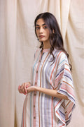 ShopKapaas Ecru Striped Buttoned Kaftan Dress - With Cotton Lining Slip