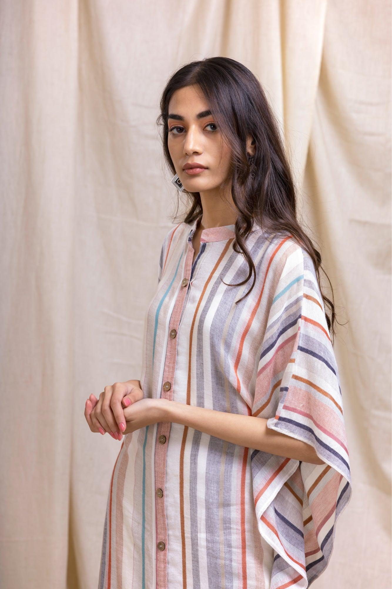 ShopKapaas Ecru Striped Buttoned Kaftan Dress - With Cotton Lining Slip