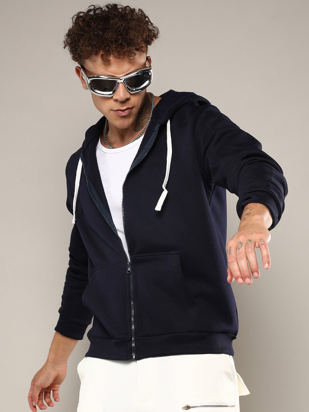 Campus Sutra Zip-Front Hoodie With Contrast Drawstring