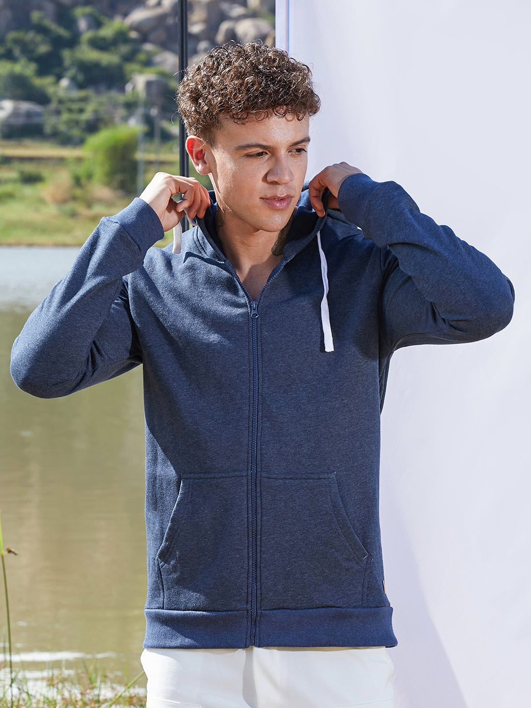 Campus Sutra Zip-Front Hoodie With Contrast Drawstring