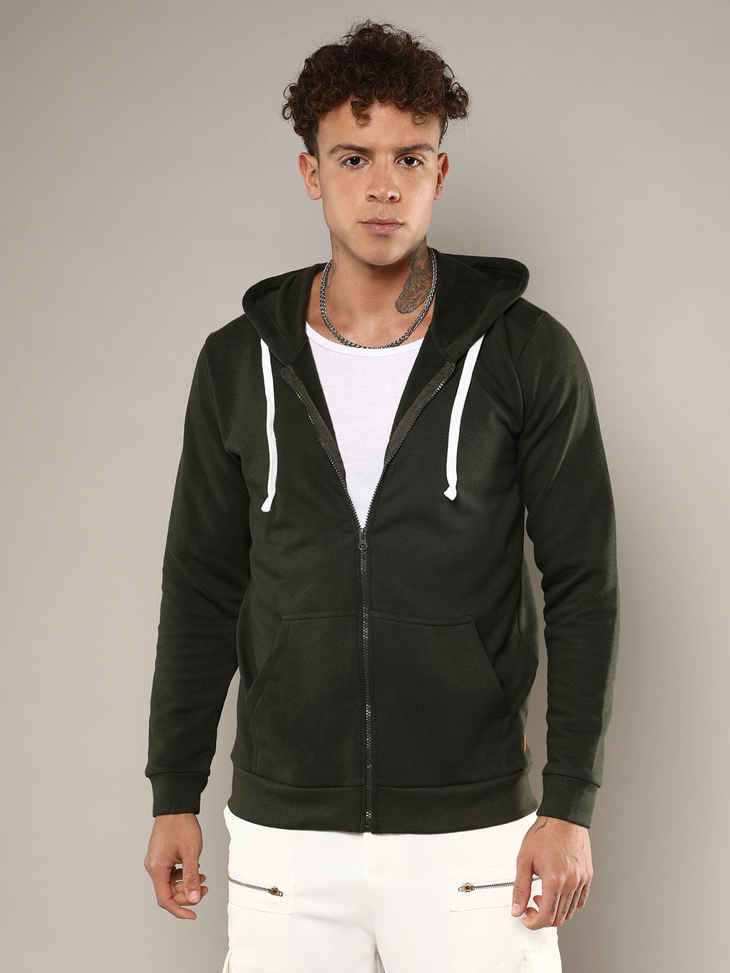 Campus Sutra Zip-Front Hoodie With Contrast Drawstring