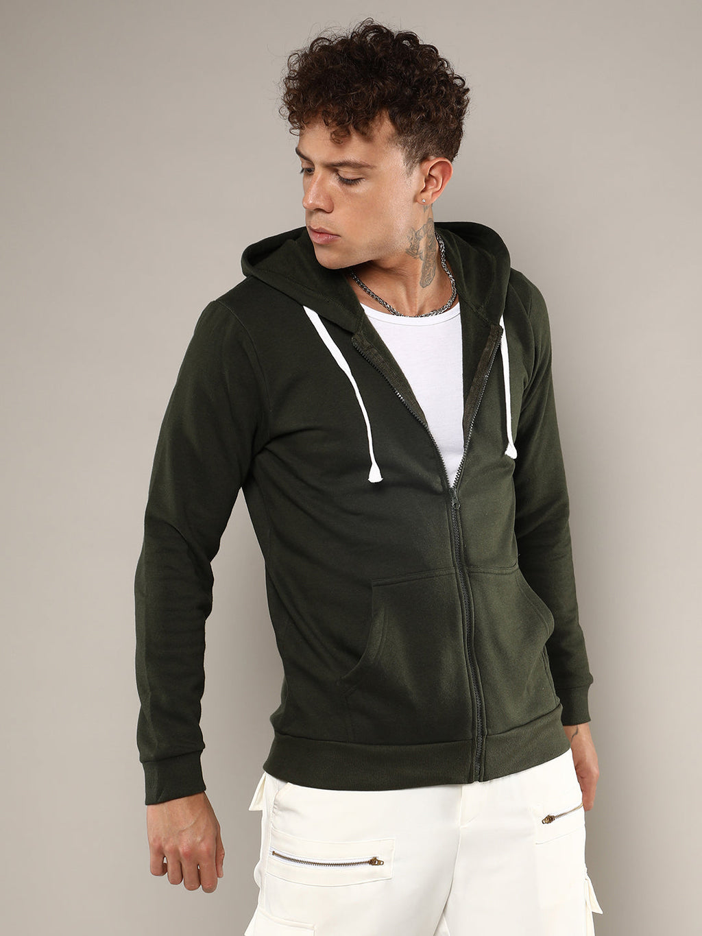 Campus Sutra Zip-Front Hoodie With Contrast Drawstring