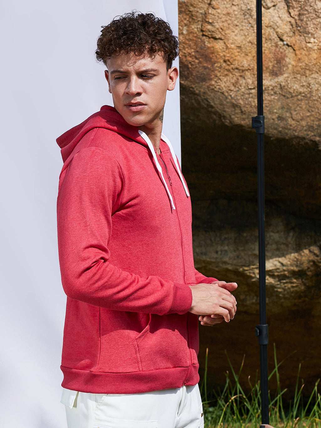 Campus Sutra Zip-Front Hoodie With Contrast Drawstring