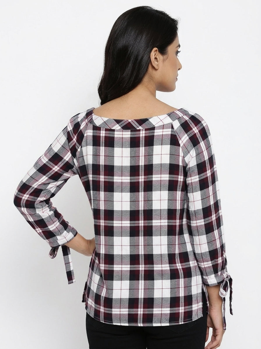 Women's Burgundy Plaid Long Sleeve Casual Top