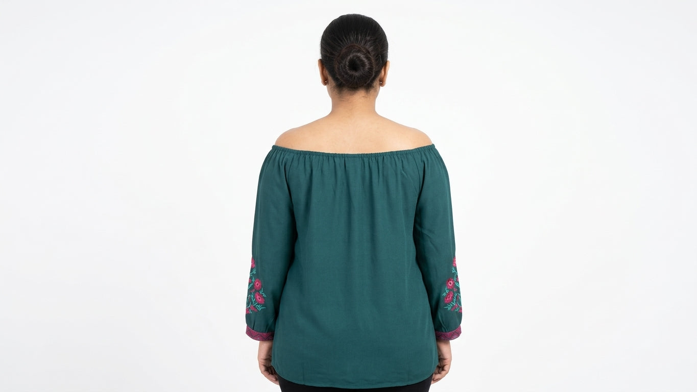 Teal Embroidered Off-Shoulder Tunic Top